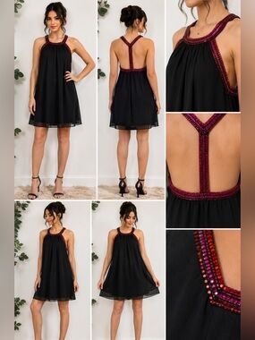 Jewel Badgley Mischka Black Beaded Chiffon Halter Dress Size 2 NWT